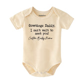Greetings Daddy I Can’t Wait to Meet You Personalized Baby Bodysuit with Custom Name Cute Pregnancy Reveal Outfit for Dad Baby Shower Gift