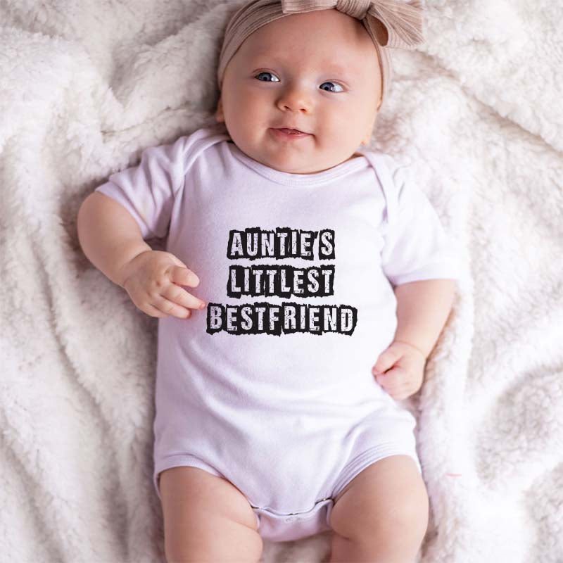 Auntie's Littlest bestfriend Cute Baby Bodysuit Custom Unisex Infant Clothing BFF Outfit Aunt Present Niece Nephew Outfit Pregnancy Announcement Lil Bestie Outfit