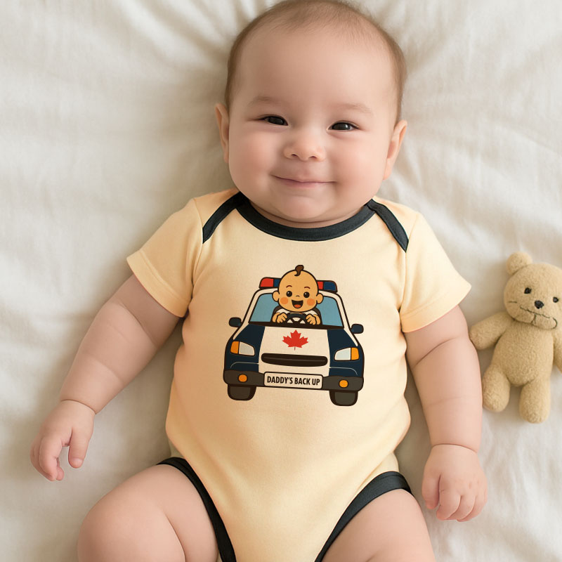 Daddy’s Backup Baby Bodysuit – Cute Newborn Infant Outfit for Boys or Girls – Short Sleeve Baby Clothing with Police Car Design – Fun Baby Shower or Father Gift