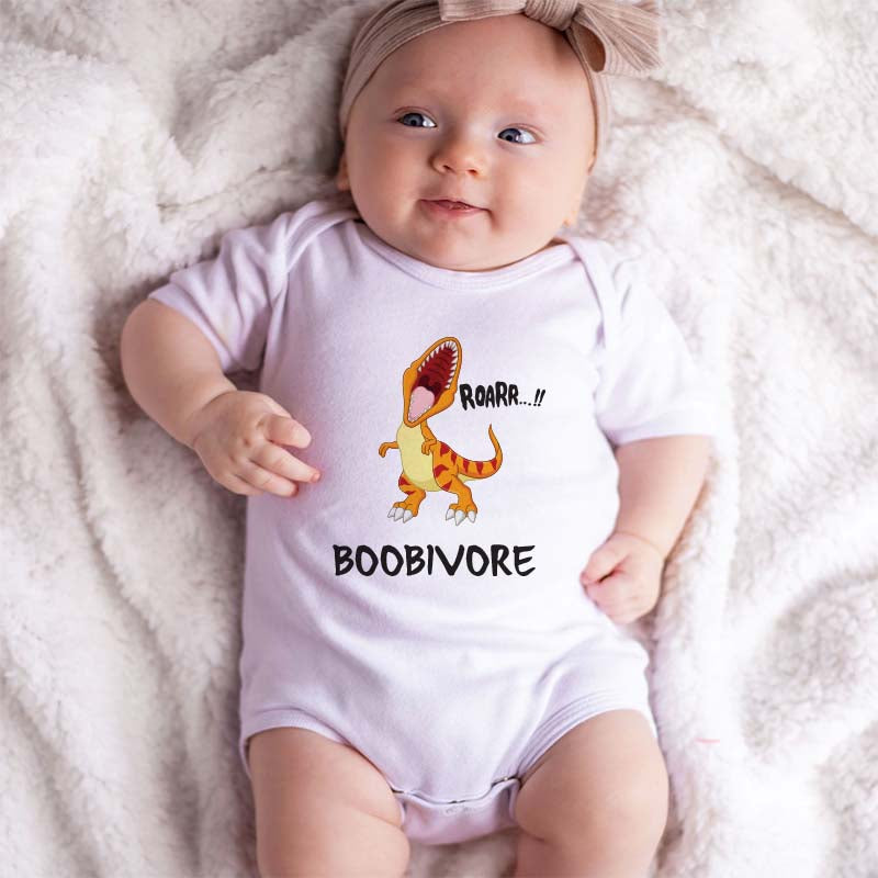 Boobivore Funny Hilarious Cartoon T-Rex Dinosaur Baby Clothes Custom Dino Infant Newborn Bodysuit Personalized Name Breastfeeding Nursing Unisex Baby Clothing Gift