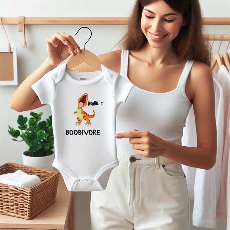 Boobivore Funny Hilarious Cartoon T-Rex Dinosaur Baby Clothes Custom Dino Infant Newborn Bodysuit Personalized Name Breastfeeding Nursing Unisex Baby Clothing Gift