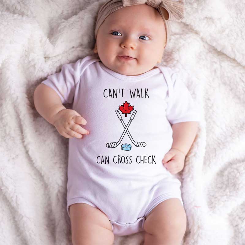 Funny Canadian Baby Bodysuit Canada Day Baby Outfit Unisex Baby Clothing Custom Baby Shower Gift Baby Announcement Hockey Player Gift