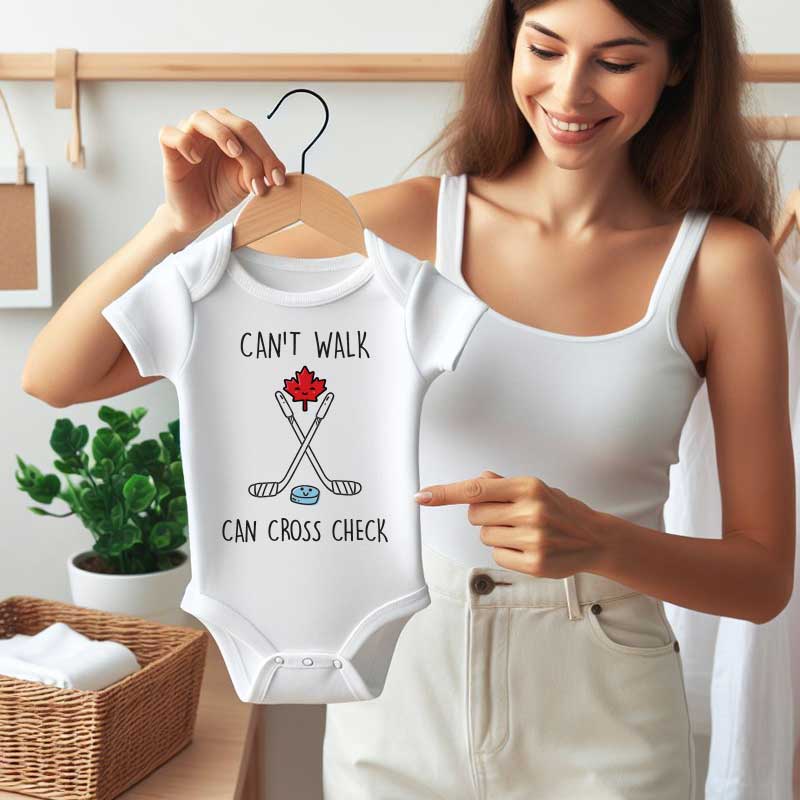 Funny Canadian Baby Bodysuit Canada Day Baby Outfit Unisex Baby Clothing Custom Baby Shower Gift Baby Announcement Hockey Player Gift