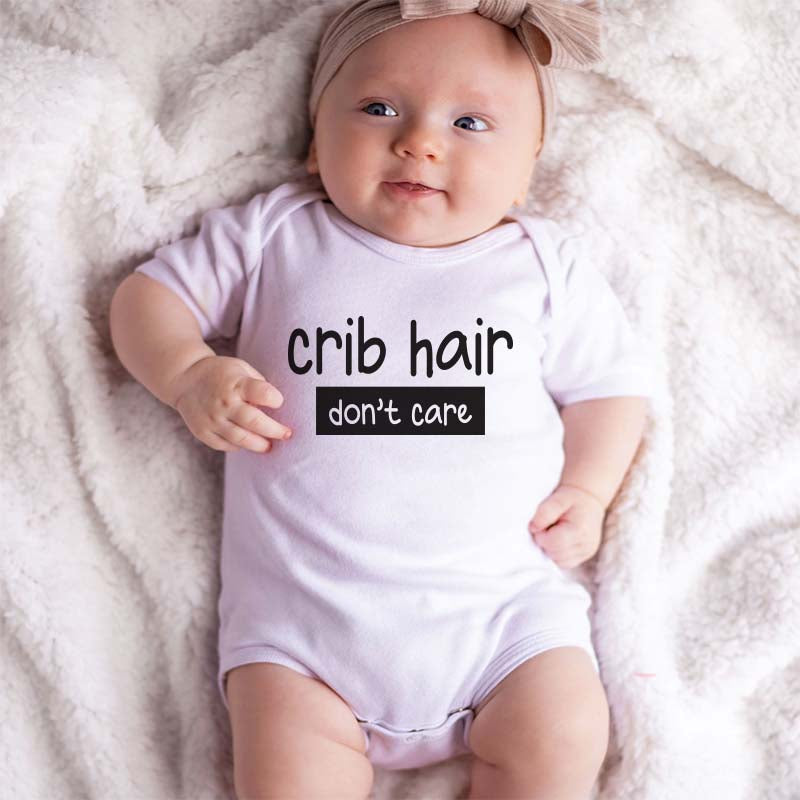 Crib Hair Don't Care Unisex Infant Baby clothes Funny Custom Newborn Outfit Minimalist Trendy Baby Boy Girl Shower Gift Playful Humorous Presents for New Mom and Dad