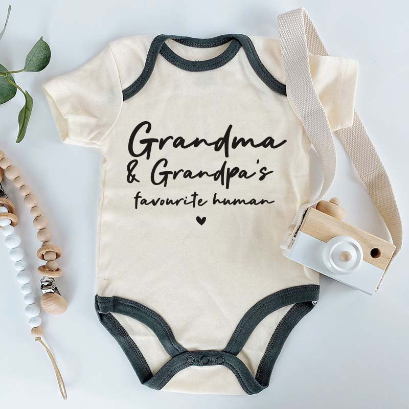 Grandma and grandpa's favorite human baby bodysuit grandparent gift newborn outfit cute baby clothes family-themed baby apparel funny baby clothing Custom Baby Outfit Shirt