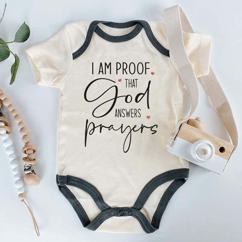 Proof God Answers Prayers Cute Adorable Baby Clothes Faith-Inspired Religous Baby Apparel Newborn Blessing Unisex Clothing Inspirational Heartwarming Milestone baby outfit