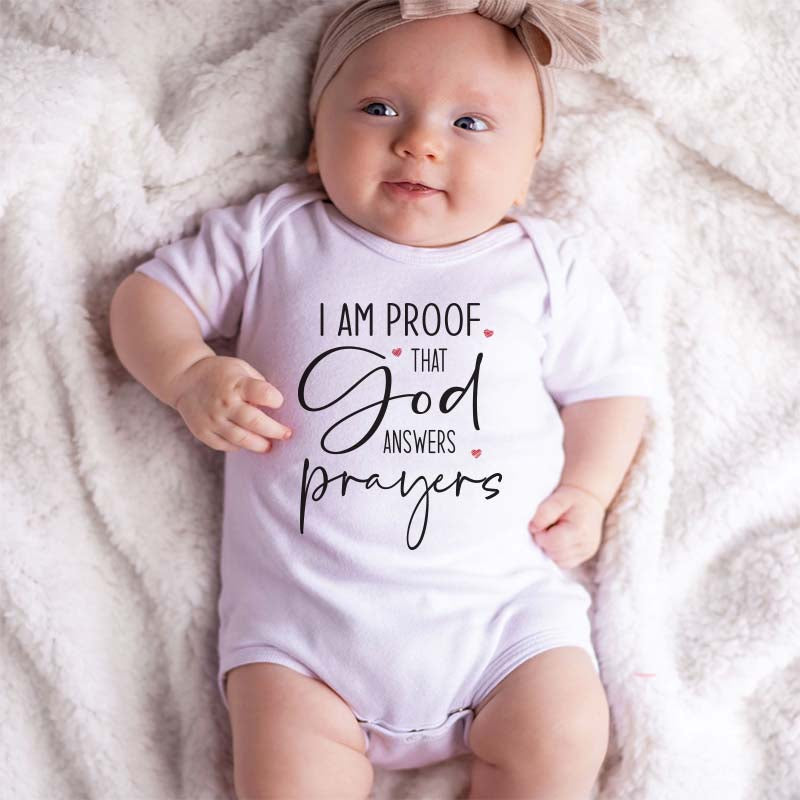 Proof God Answers Prayers Cute Adorable Baby Clothes Faith-Inspired Religous Baby Apparel Newborn Blessing Unisex Clothing Inspirational Heartwarming Milestone baby outfit