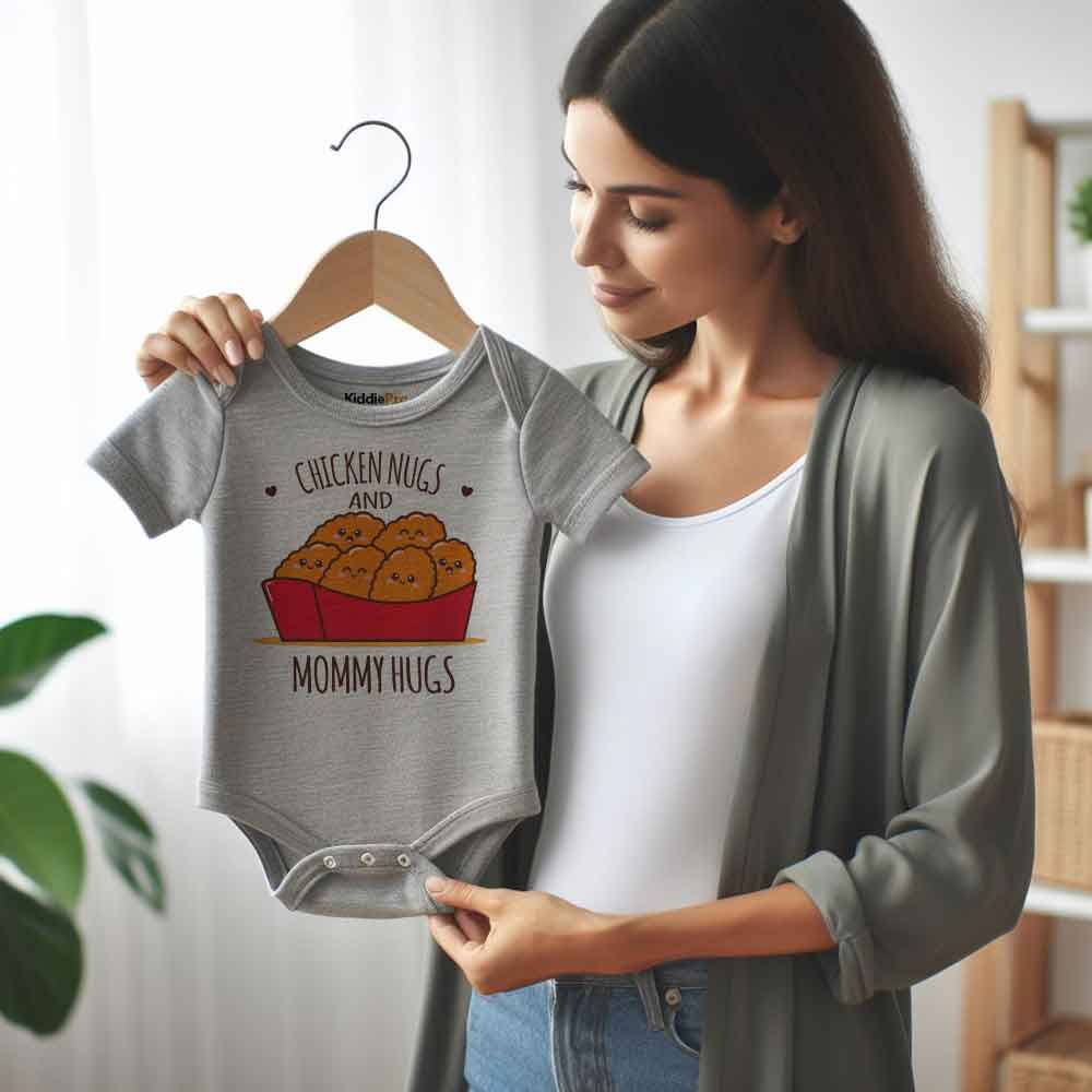 Chicken Nugs and Mommy hugs - funny baby bodysuit, food pun baby clothes, little chicken nuggets, Foodie Baby Clothes