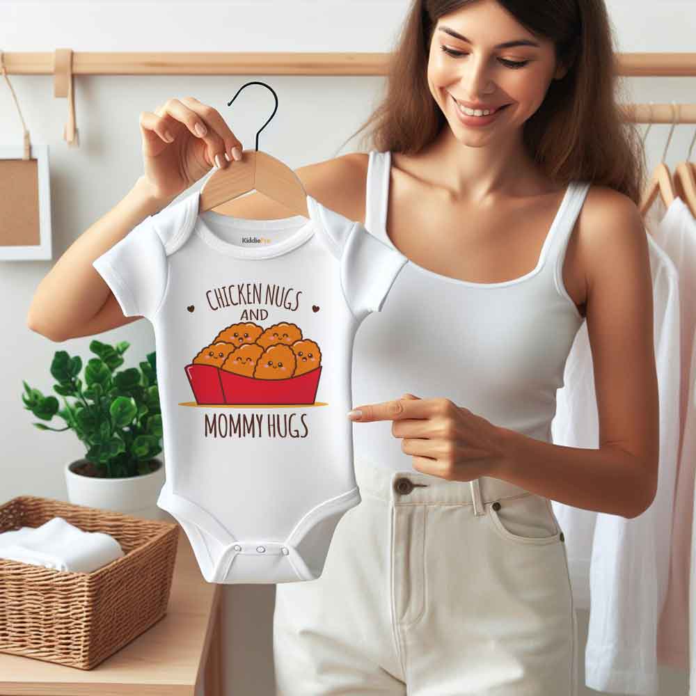 Chicken Nugs and Mommy hugs - funny baby bodysuit, food pun baby clothes, little chicken nuggets, Foodie Baby Clothes