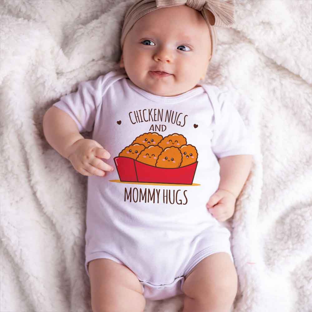 Chicken Nugs and Mommy hugs - funny baby bodysuit, food pun baby clothes, little chicken nuggets, Foodie Baby Clothes