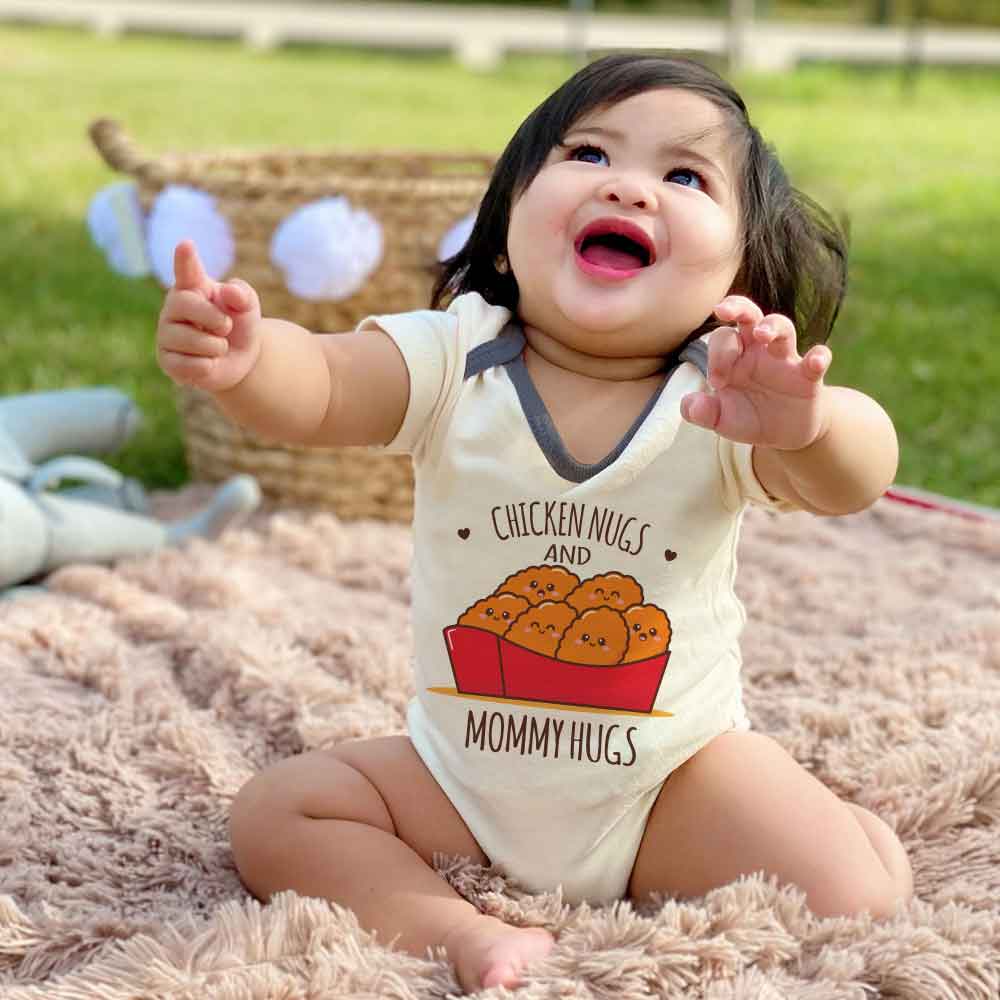 Chicken Nugs and Mommy hugs - funny baby bodysuit, food pun baby clothes, little chicken nuggets, Foodie Baby Clothes