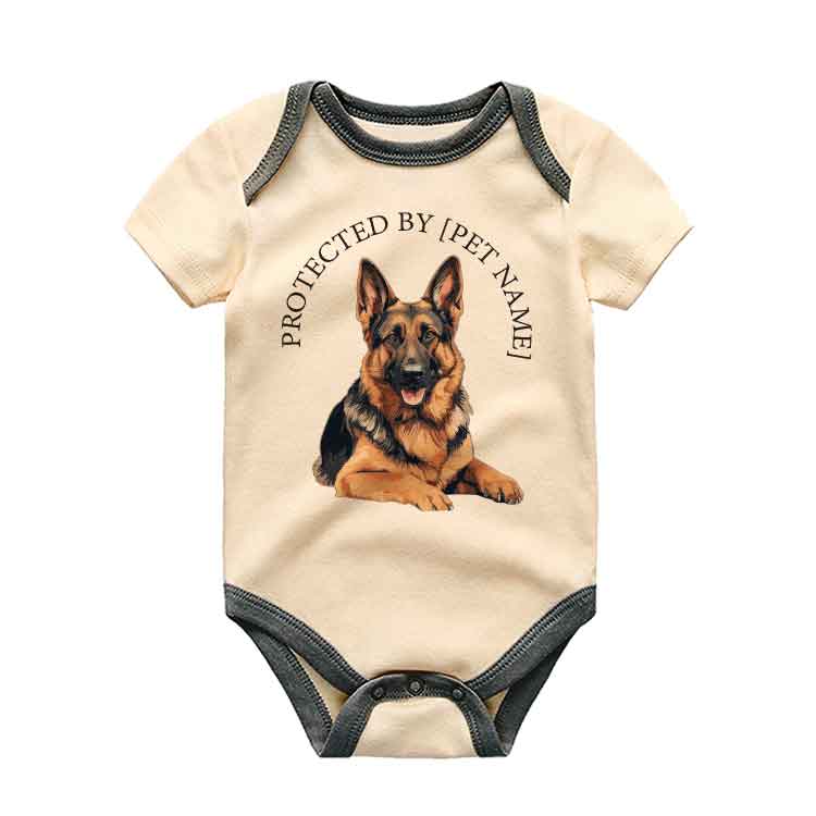 Custom Pet Name Baby Bodysuit, Protect By Dog Breed, Expecting Mom Gift, Dog Cat Name, Custom Baby clothes, Baby Outfit