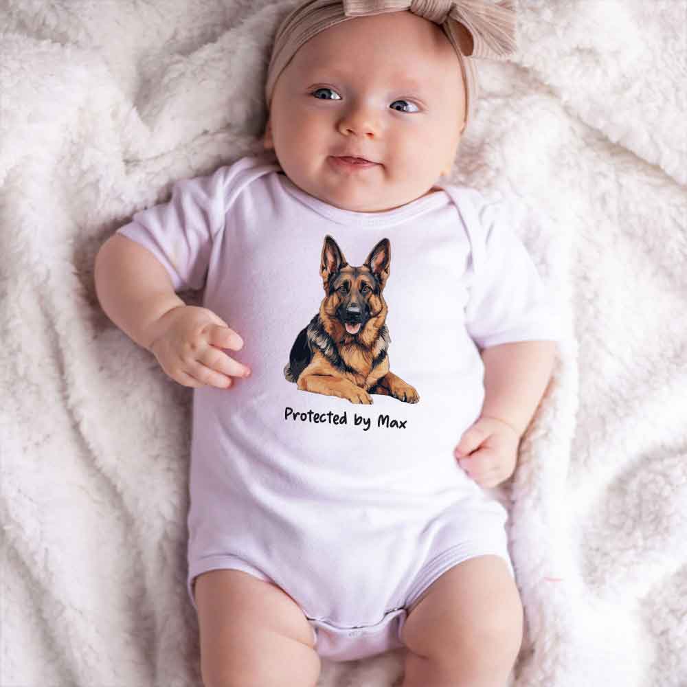 Custom Pet Name Baby Bodysuit, Protect By Dog Breed, Expecting Mom Gift, Dog Cat Name, Custom Baby clothes, Baby Outfit