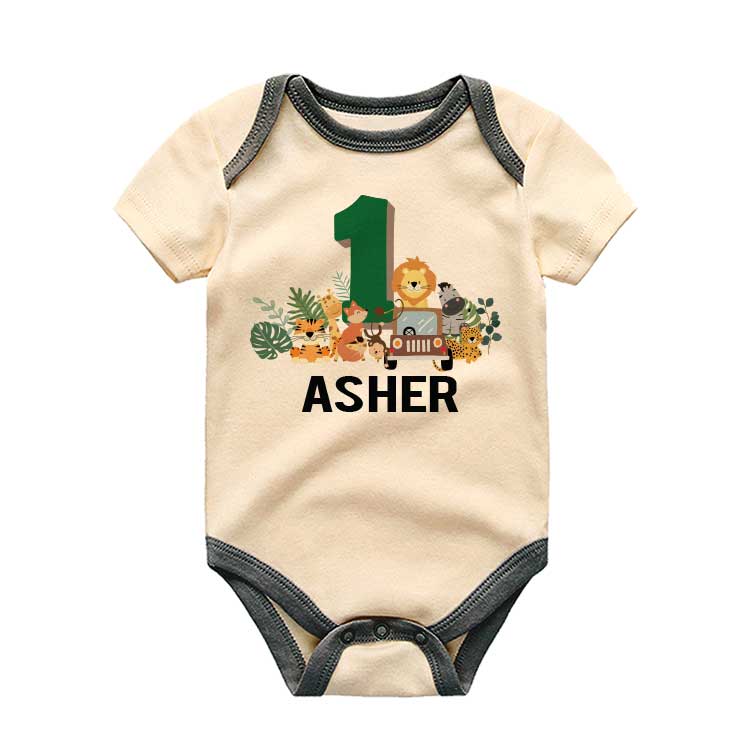 Personalized First Birthday Baby Bodysuit Safari animal theme Baby Milestone custom baby clothes, Baby gift