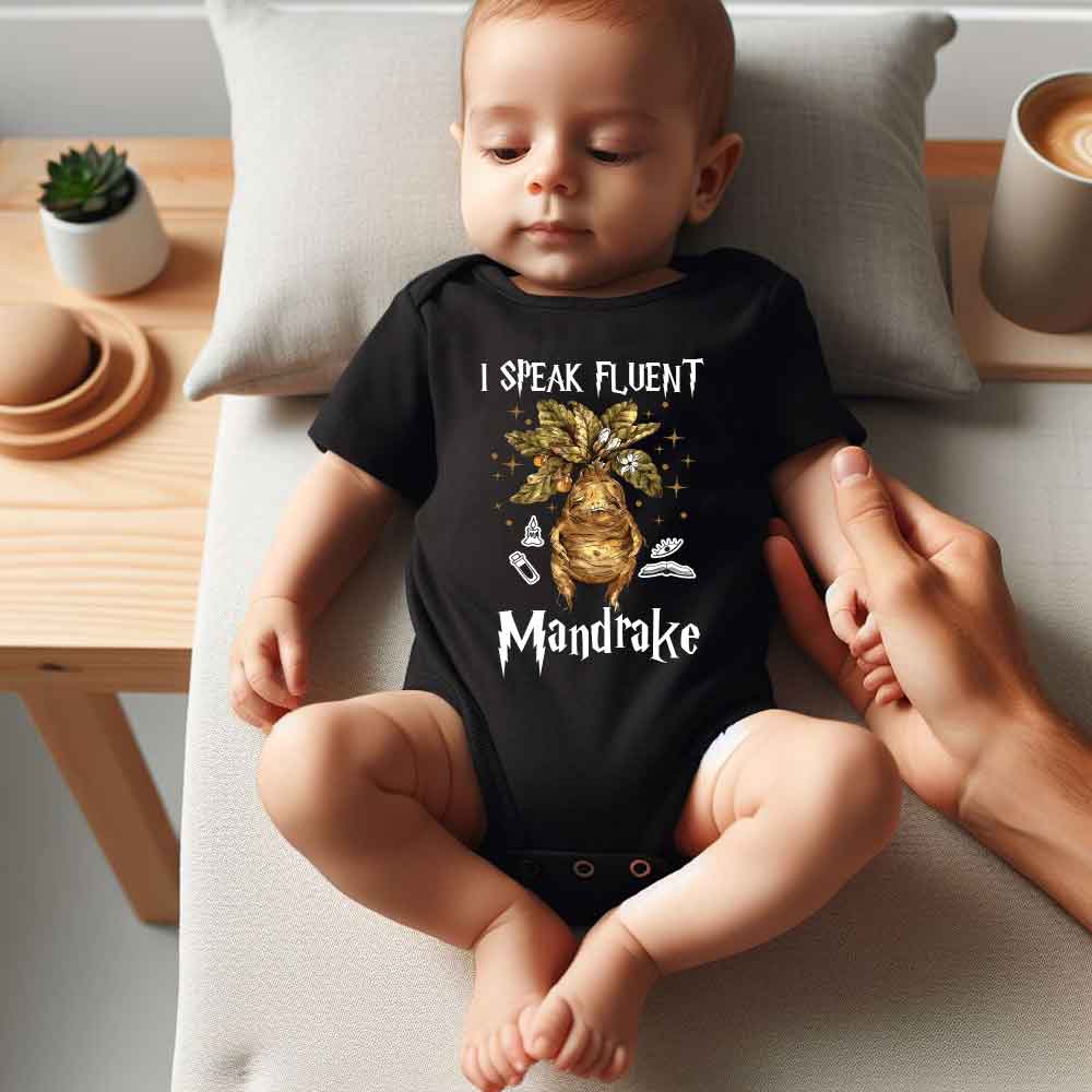 Mandrake Baby bodysuit Funny Baby outfit Wizard Baby clothes Fluent in Mandrake fantasy/magic/adventure funny baby apparel