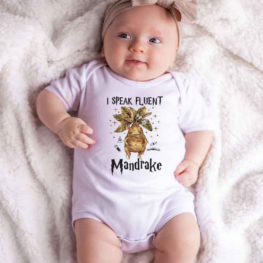 Mandrake Baby bodysuit Funny Baby outfit Wizard Baby clothes Fluent in Mandrake fantasy/magic/adventure funny baby apparel