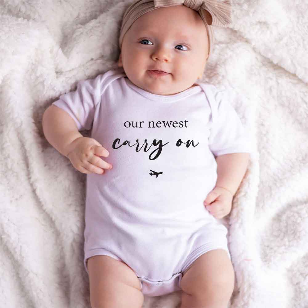 Newest carry on pregnancy announcement Baby bodysuit Travel baby clothes Family reveal baby outfit