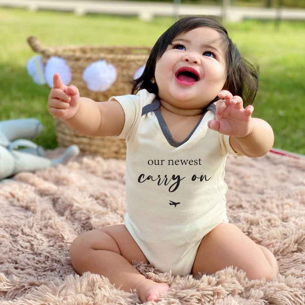 Newest carry on pregnancy announcement Baby bodysuit Travel baby clothes Family reveal baby outfit