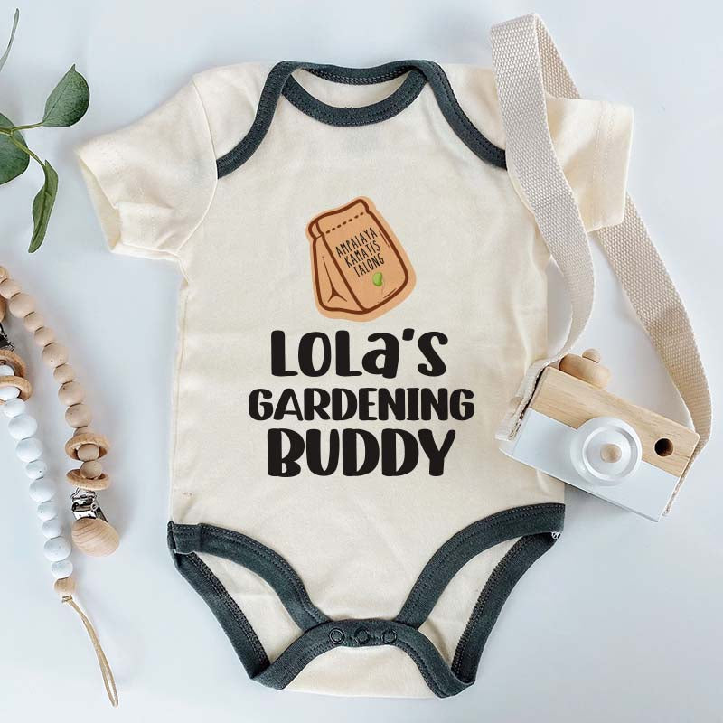 Lola's Gardening Buddy Baby Clothes Filipino Grandmother Grandma Romper Philippines Pinoy Funny Baby Outfit Outdoor Farm Garden Custom Bodysuit Pregnancy Reveal Grandparents Gift