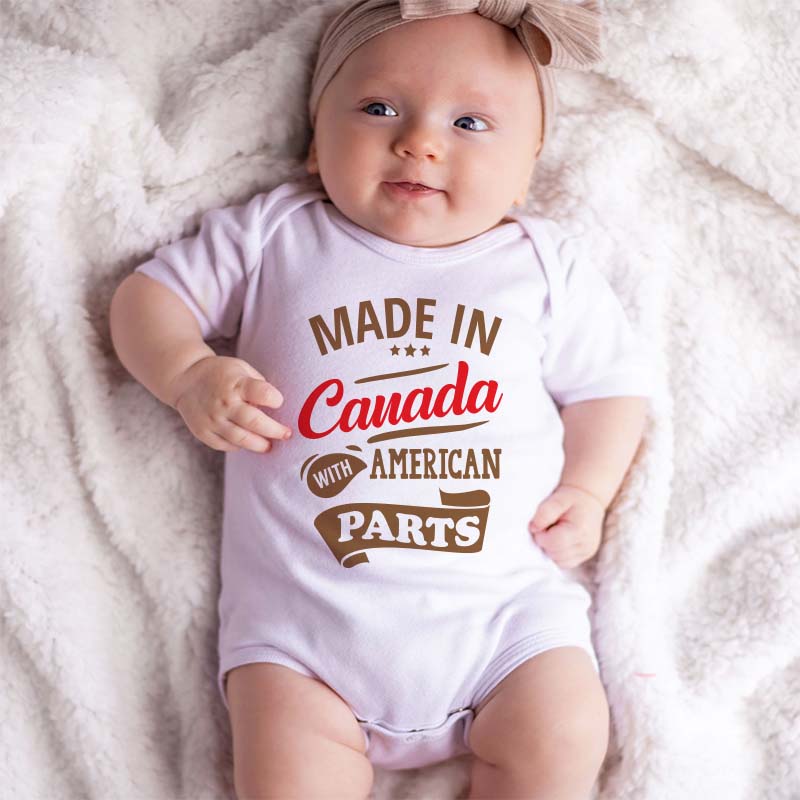 Made in Canada with American Parts Bodysuit Cute Funny Heritage Baby Outfit Custom Unisex Baby Clothing Half Canadian Baby Clothes Pregnancy Reveal Gift