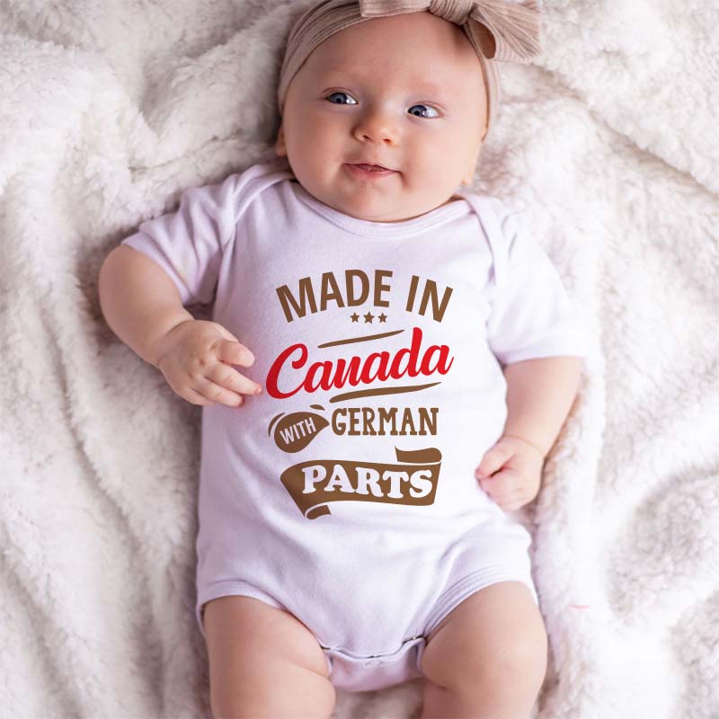 Made in Canada with German Parts Bodysuit Half Canadian Custom Baby Clothes Canada Day Heritage Outfit Newborn baby clothes Personalized Romper