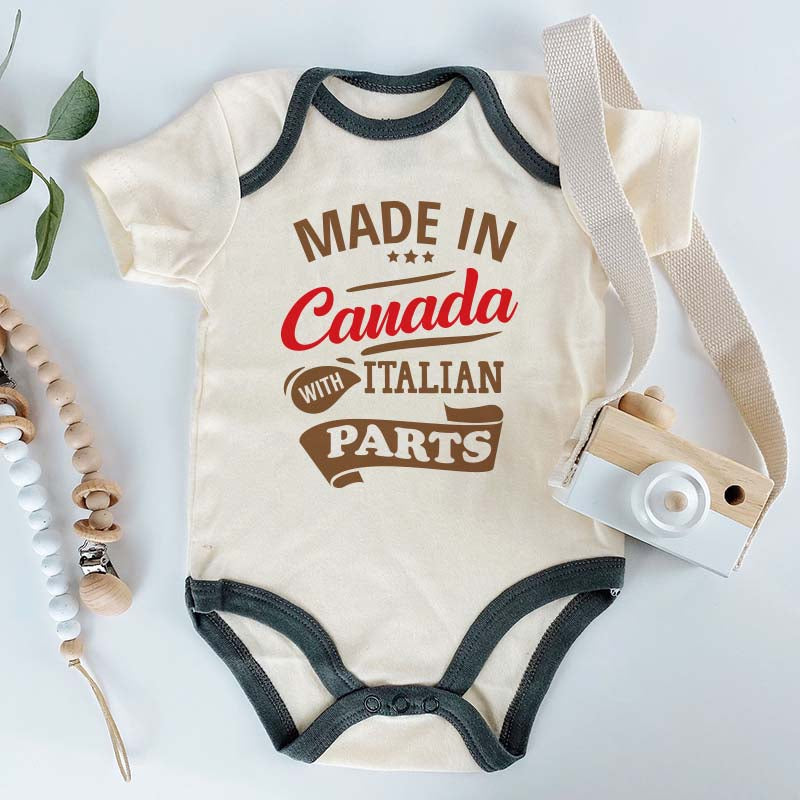 Made in Canada with Italian Parts Bodysuit Cute Funny Heritage Baby Outfit Custom Unisex Baby Clothing Half Canadian Baby Clothes Pregnancy Reveal Gift