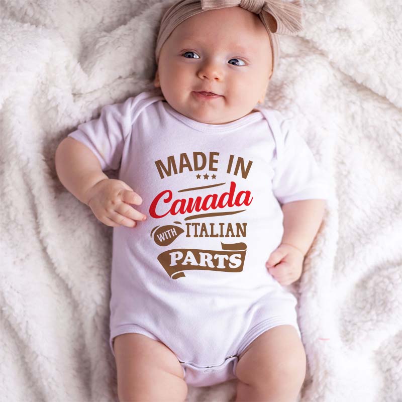 Made in Canada with Italian Parts Bodysuit Cute Funny Heritage Baby Outfit Custom Unisex Baby Clothing Half Canadian Baby Clothes Pregnancy Reveal Gift