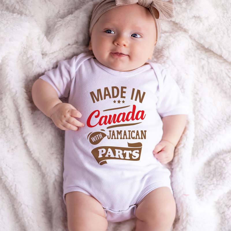 Made in Canada with Jamaican Parts Cute Funny Witty Unisex Baby Clothes Heritage Canada Day Custom Name Shirt Bodysuit Baby shower gift outfit