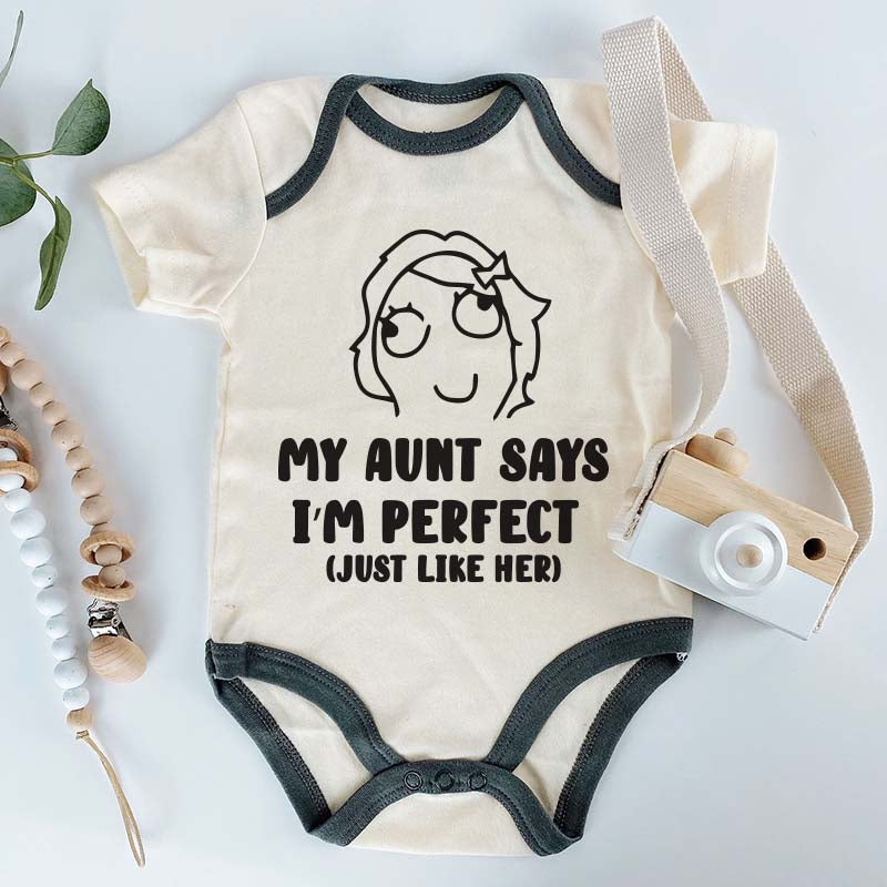 My Aunt Says I'm Perfect Funny Aunt Gift for Niece Nephew Outfit Auntie Sayings Shirt Custom Unisex Baby Bodysuit Cute Pregnancy Announcement Birth Reveal Outfit Coming Soon Baby Shower Romper