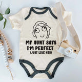 My Aunt Says I'm Perfect Funny Aunt Gift for Niece Nephew Outfit Auntie Sayings Shirt Custom Unisex Baby Bodysuit Cute Pregnancy Announcement Birth Reveal Outfit Coming Soon Baby Shower Romper