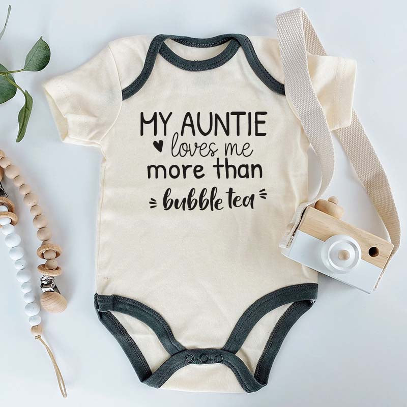 My Auntie loves me Baby Bodysuit Personalized Bubble Tea Unisex Infant Baby Clothing Tea Lover Witty Newborn Outfit Baby Announcement