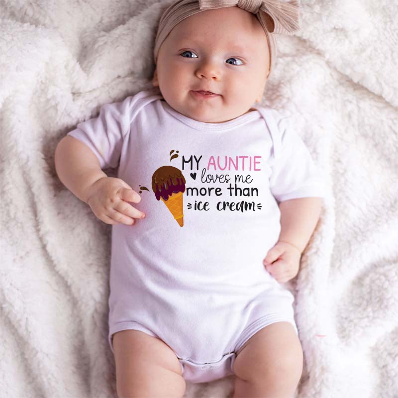 My Auntie loves me Cute funny baby clothes Ice Cream Shirt Personalized Unisex Infant Baby Clothing Food Pun Outfit Baby Shower Gift for Niece Nephew