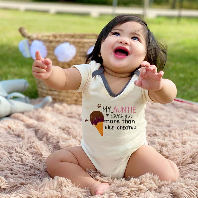 My Auntie loves me Cute funny baby clothes Ice Cream Shirt Personalized Unisex Infant Baby Clothing Food Pun Outfit Baby Shower Gift for Niece Nephew