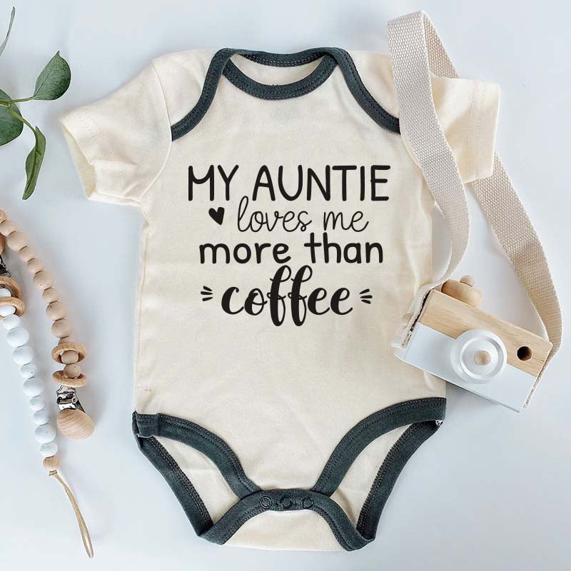 Cute Funny My Auntie Loves me Personalized Baby Boy Girl Bodysuit Unisex Custom Coffee Lover Shirt Aunt Surprise Baby Shower Gift Pregnancy Announcement Outfit Heartfelt Keepsake Romper