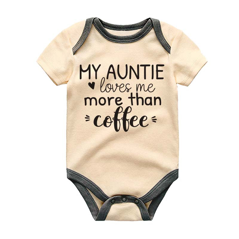 Cute Funny My Auntie Loves me Personalized Baby Boy Girl Bodysuit Unisex Custom Coffee Lover Shirt Aunt Surprise Baby Shower Gift Pregnancy Announcement Outfit Heartfelt Keepsake Romper