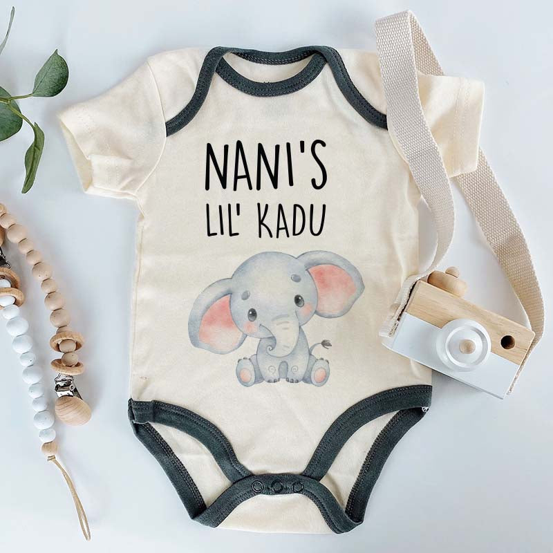 Nani's Lil Kadu Cute Funny Elephant Theme Baby Bodysuit Indian Grandma Baby Outfit Personalized Baby Boy Girl Clothes Grandmother Gift Custom Unisex Infant Clothing