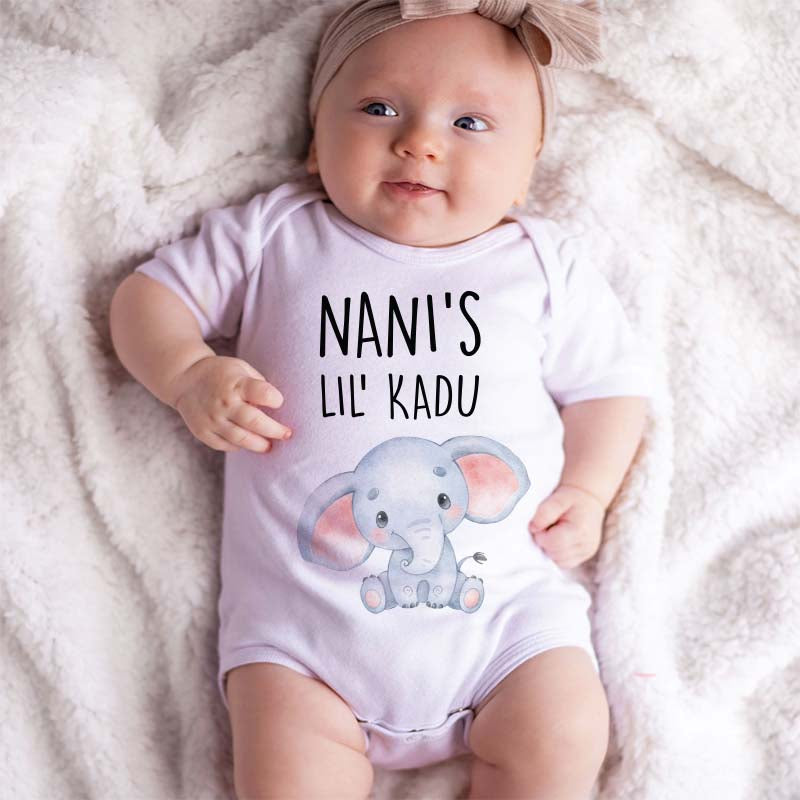 Nani's Lil Kadu Cute Funny Elephant Theme Baby Bodysuit Indian Grandma Baby Outfit Personalized Baby Boy Girl Clothes Grandmother Gift Custom Unisex Infant Clothing