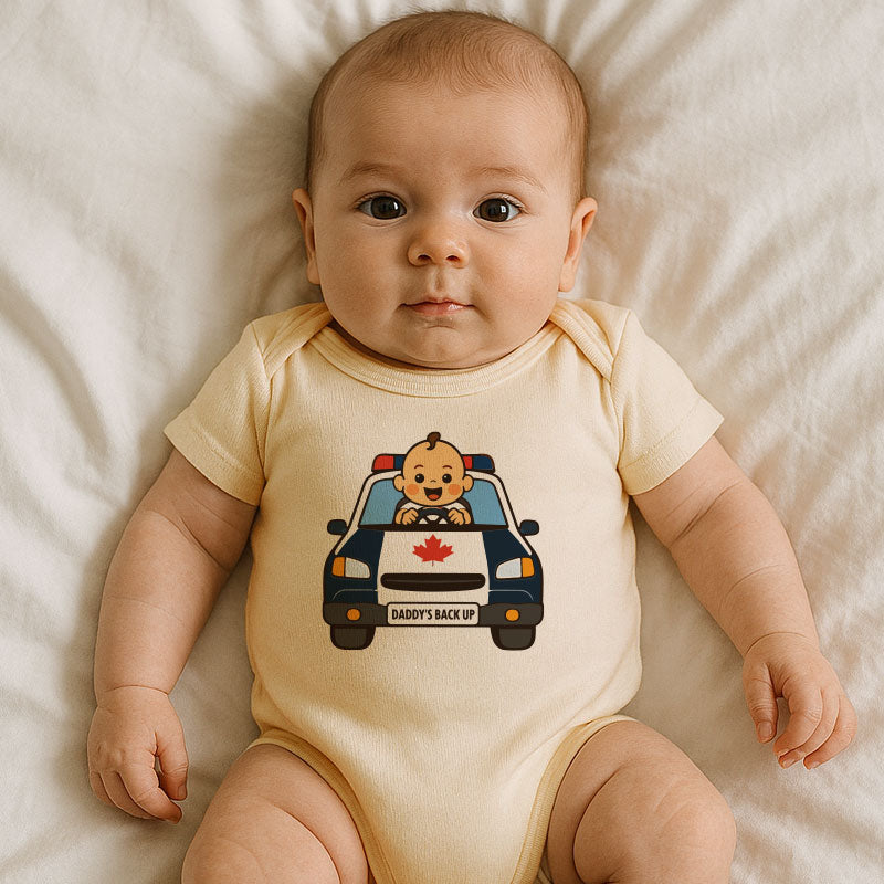 Daddy’s Backup Baby Bodysuit – Cute Newborn Infant Outfit for Boys or Girls – Short Sleeve Baby Clothing with Police Car Design – Fun Baby Shower or Father Gift
