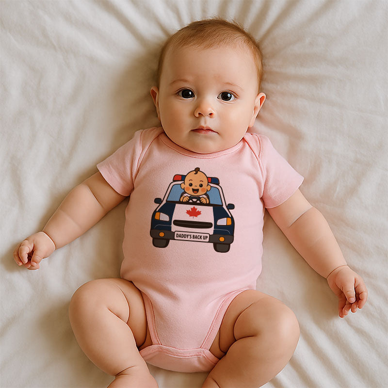 Daddy’s Backup Baby Bodysuit – Cute Newborn Infant Outfit for Boys or Girls – Short Sleeve Baby Clothing with Police Car Design – Fun Baby Shower or Father Gift