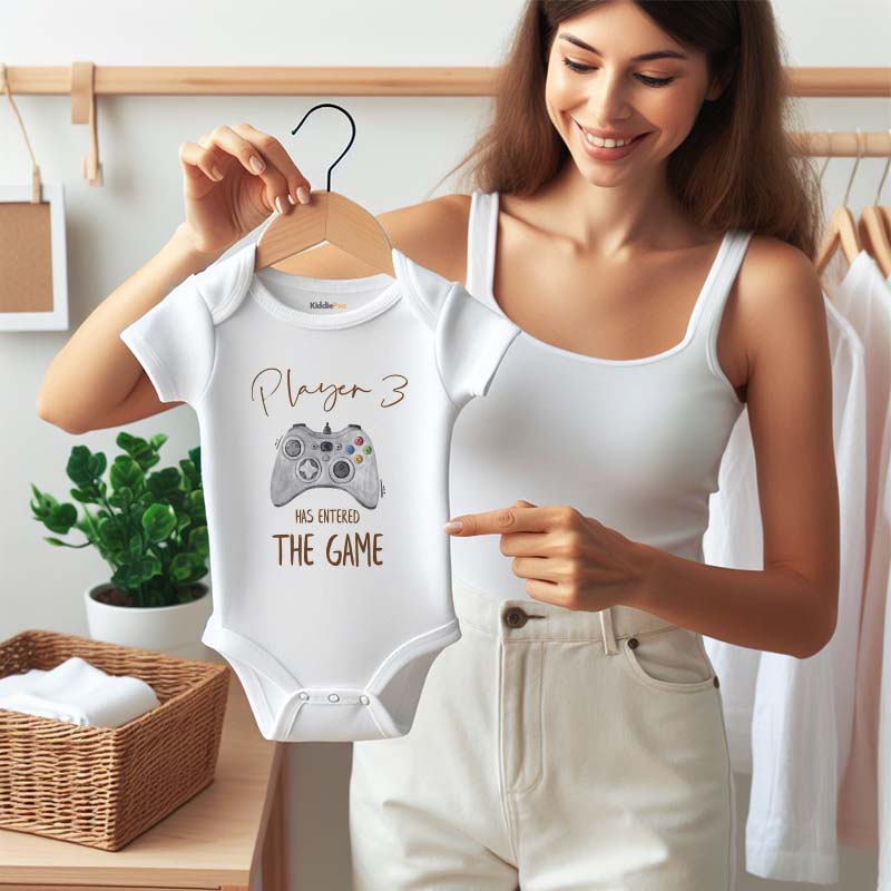 Player 3 has entered the game baby announcement Video Game Bodysuit Video Game Controller Unisex Baby Clothing Custom Gaming Shirt Baby Romper Gift