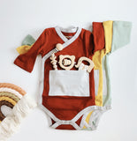 Baby Kimono Wrap Tops 3‑Pack (Mustard, Maroon, Sage) | 3/4 Sleeve Soft Cotton Essentials