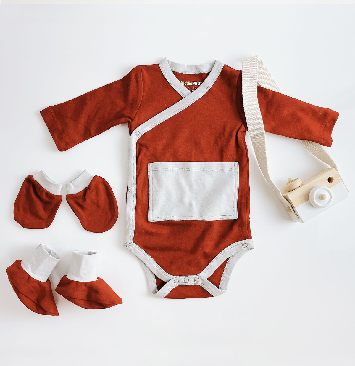 Baby Kimono + Mittens + Socks Matching Set – 3‑Piece Outfit (Maroon) | Soft Cotton Newborn Essentials