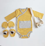 Baby Kimono + Mittens + Socks Matching Set – 3‑Piece Outfit (Mustard) | Soft Cotton Newborn Essentials