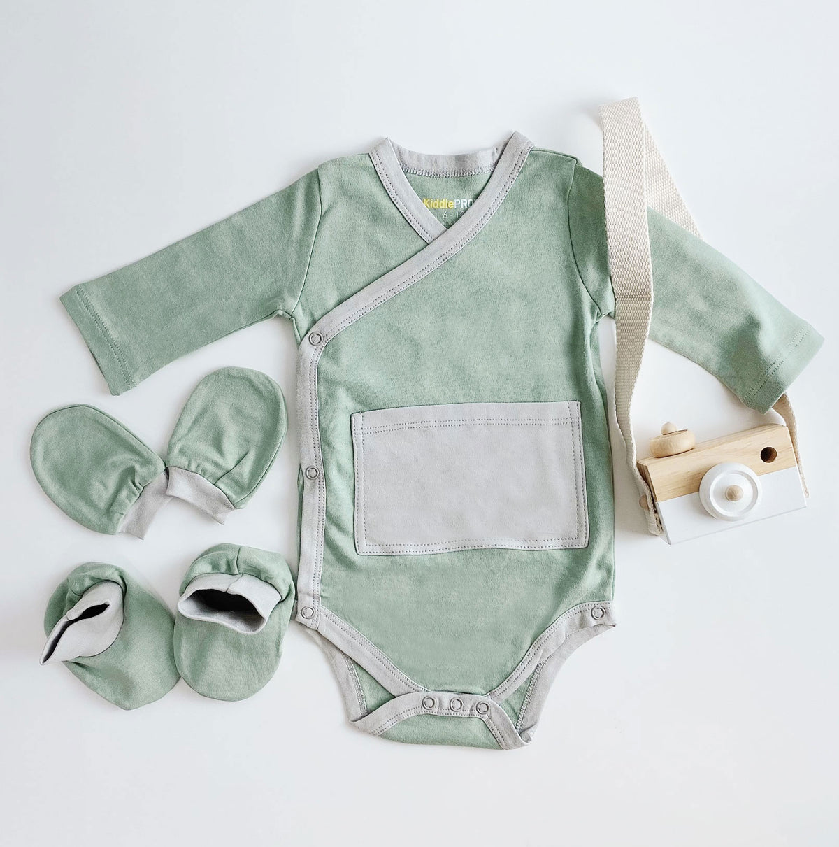 Baby Kimono + Mittens + Socks Matching Set – 3‑Piece Outfit (Sage) | Soft Cotton Newborn Essentials
