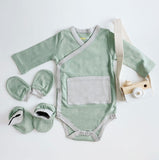 Baby Kimono + Mittens + Socks Matching Set – 3‑Piece Outfit (Sage) | Soft Cotton Newborn Essentials