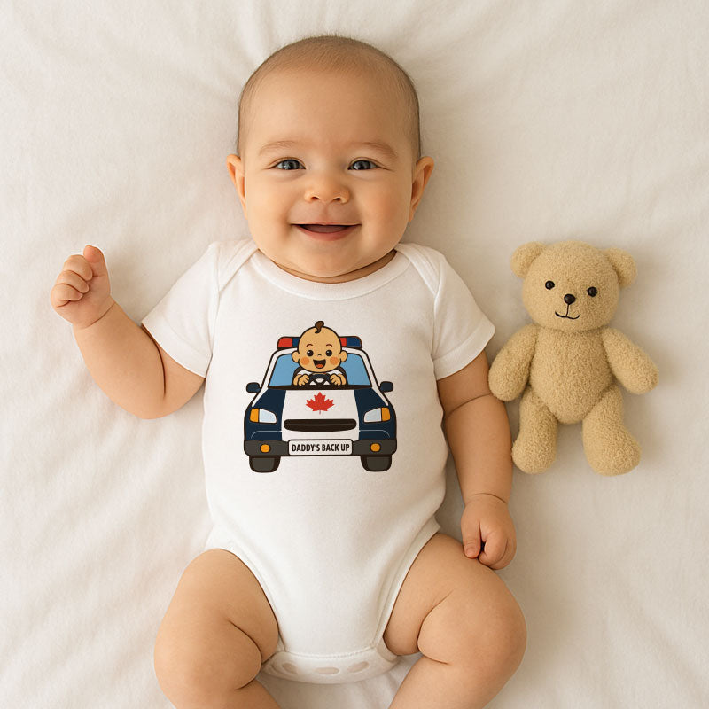 Daddy’s Backup Baby Bodysuit – Cute Newborn Infant Outfit for Boys or Girls – Short Sleeve Baby Clothing with Police Car Design – Fun Baby Shower or Father Gift