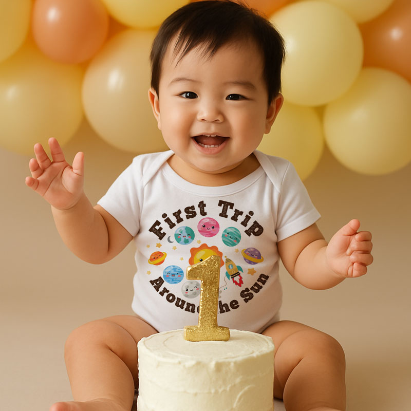 Kiddiepro First Trip Around the Sun Birthday Baby Bodysuit Sun and Planet Design 1st Birthday Outfit for Baby Boy or Girl