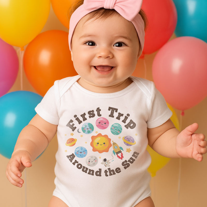 Kiddiepro First Trip Around the Sun Birthday Baby Bodysuit Sun and Planet Design 1st Birthday Outfit for Baby Boy or Girl