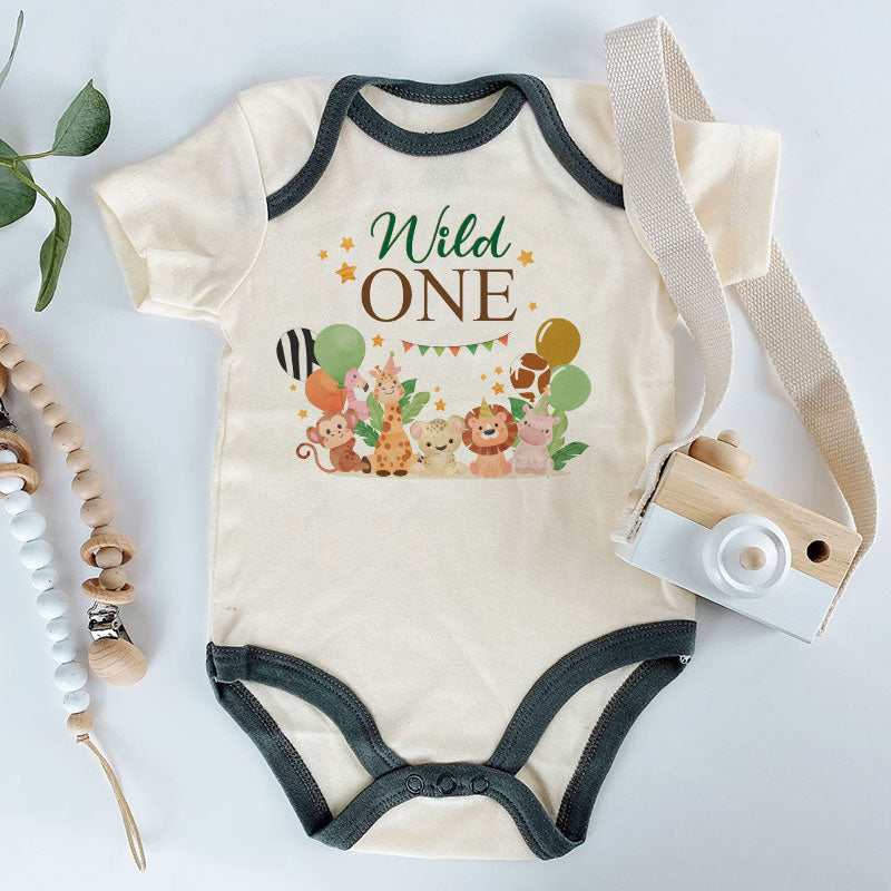 Kiddiepro First Birthday Wild One Safari Baby Clothes Animal Themed Bodysuit