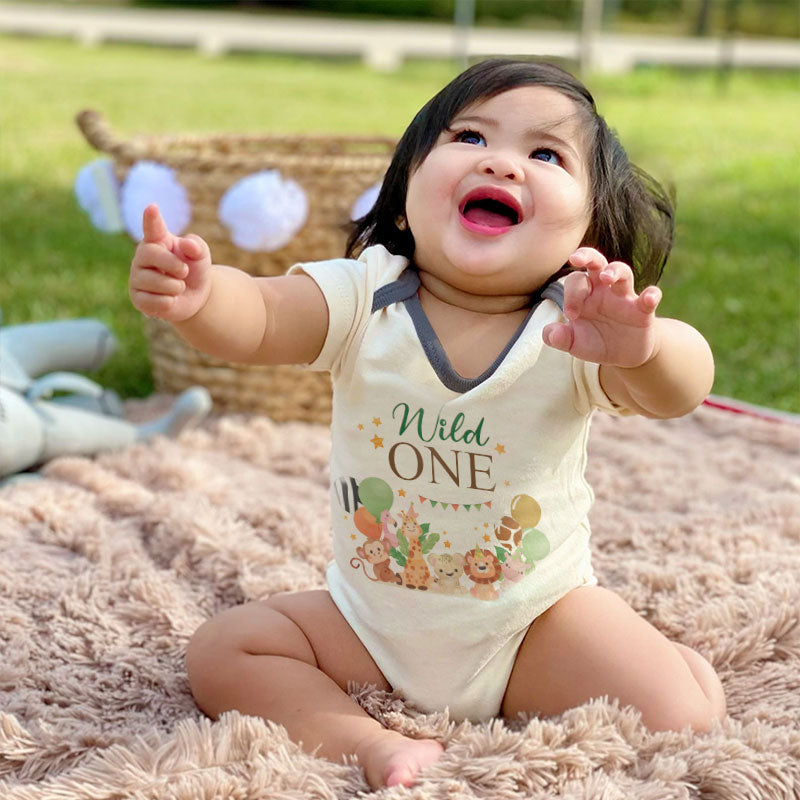 Kiddiepro First Birthday Wild One Safari Baby Clothes Animal Themed Bodysuit